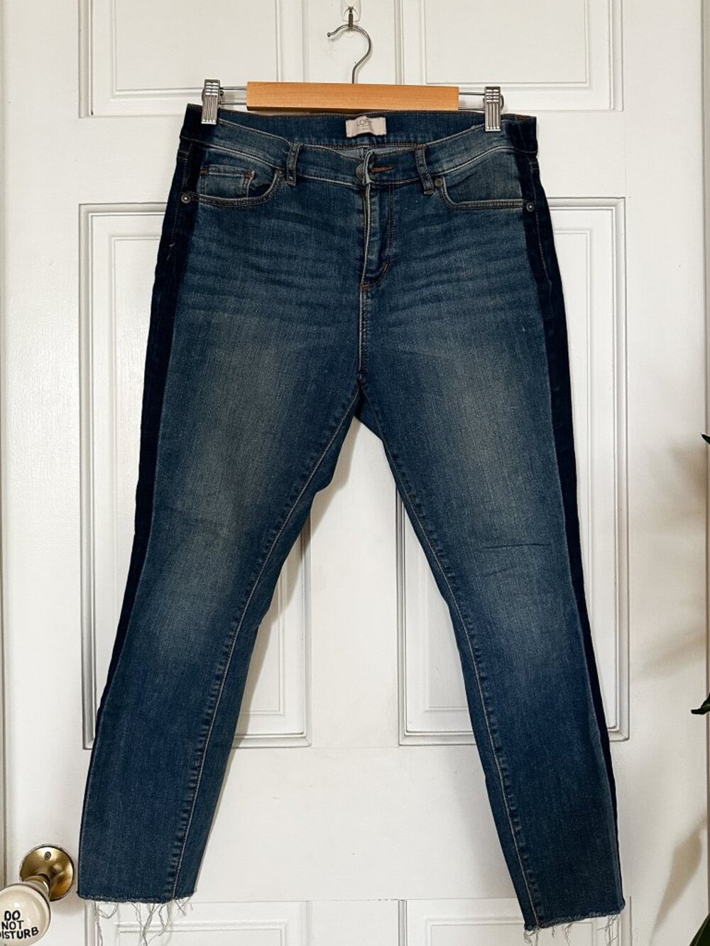 LOFT Side Stripe Raw Hem Skinny Jeans Medium Wash Size 8
